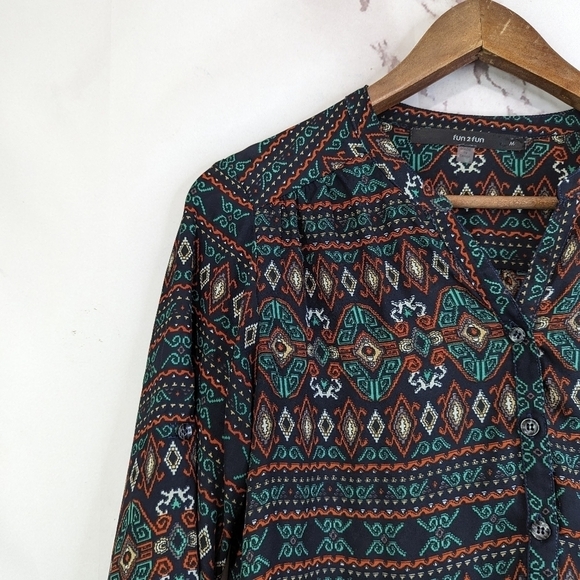 Mod Cloth Fun2Fun Blouse Women Medium Boho Tribal Navy Green Peasant Aztec Sheer - Picture 2 of 12